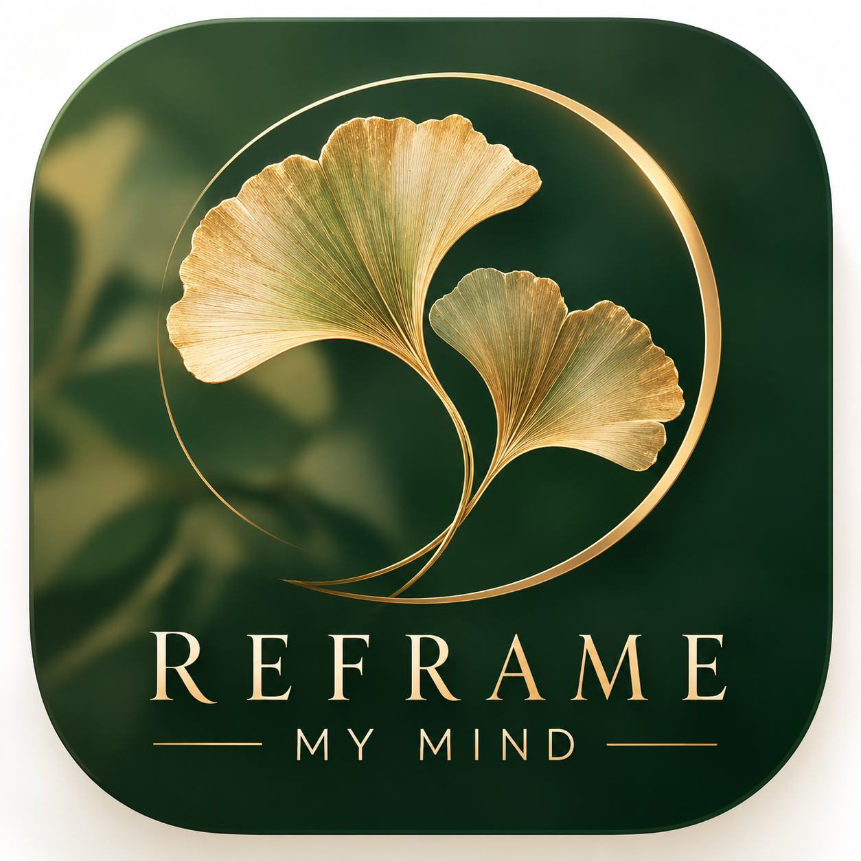 Reframe My Mind emblem with two golden ginkgo leaves and gold lettering on a deep green background